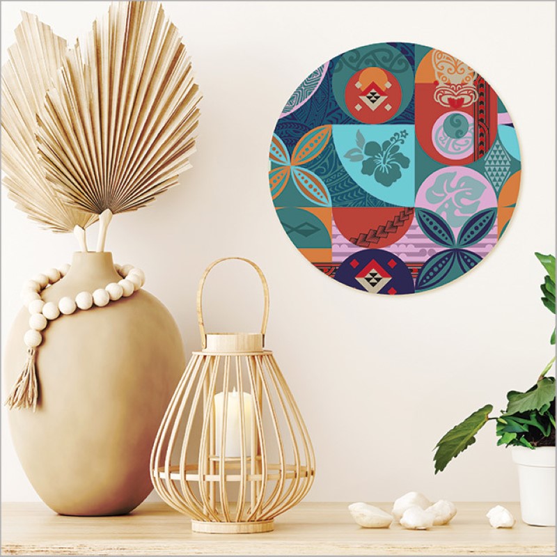 Large printed canvas circle showcasing vibrant Kiwiana designs, perfect for adding charm to any living space.