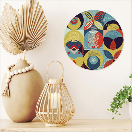 Large printed canvas circle featuring a Pacific-inspired Kiwiana design, perfect for enhancing any living space.