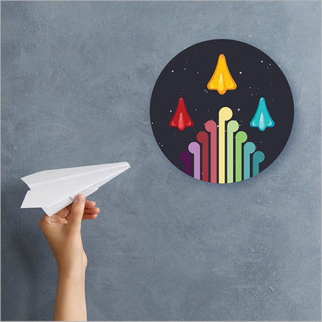 Large printed canvas circle featuring jet planes and Koru, embodying Kiwiana charm with vibrant designs and embossed texture.