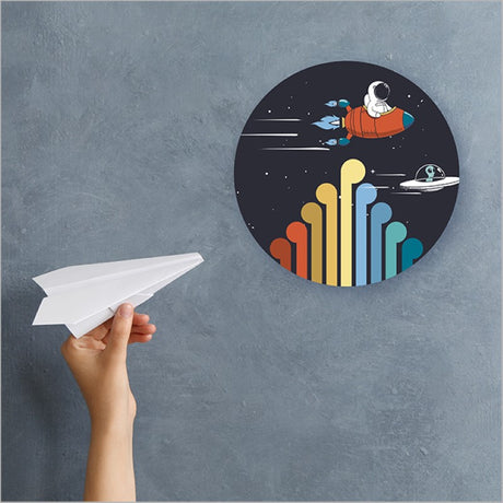 Large printed canvas circle featuring an outer space theme combined with Koru design, ready to hang decor for any space.