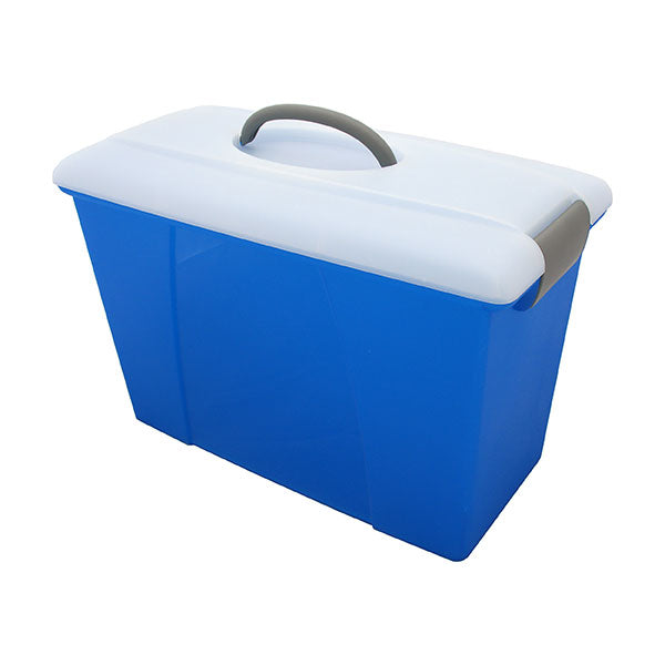 Acco Carry Case in blue and clear, featuring internal rails, 18L capacity for foolscap files, and a translucent design.