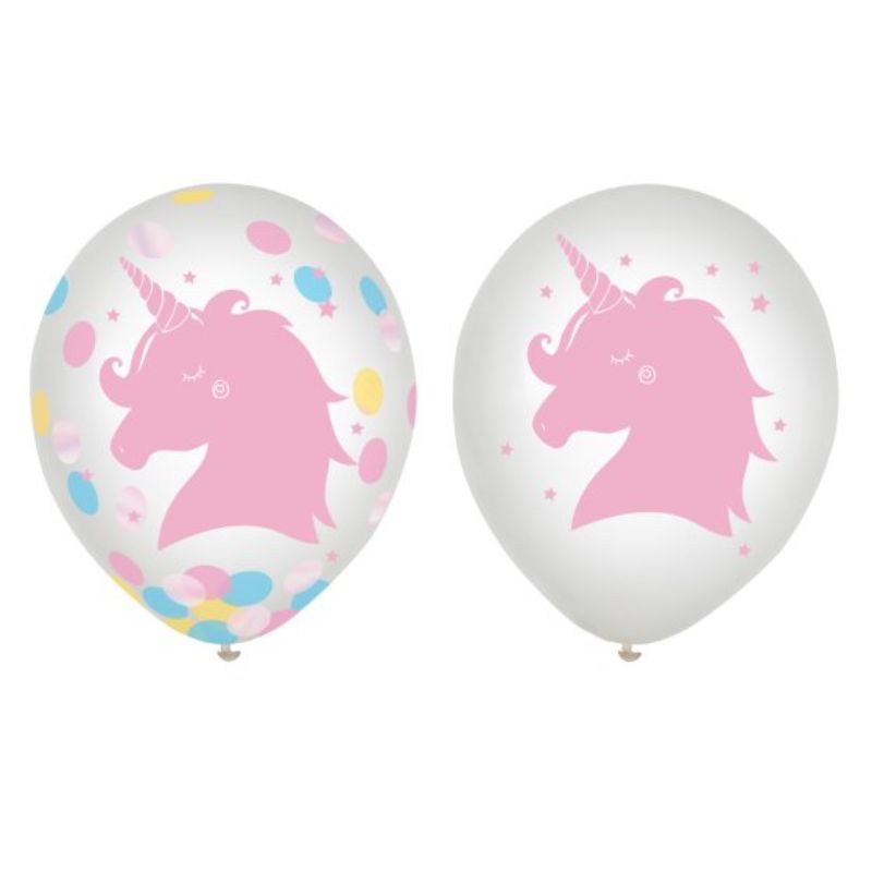 Set of 6 vibrant latex balloons with colorful confetti, perfect for magical birthday celebrations and parties.