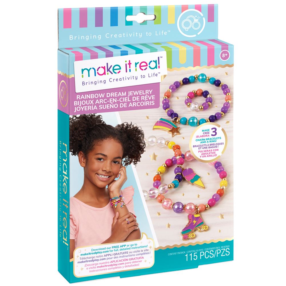 DIY charm bracelet kit with 70 colorful beads, 3 charms, and 1m elastic cord for ages 8+.