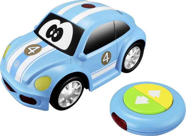 BB Junior Volkswagen Easy Play RC Car in blue with stripes, designed for toddlers, with bump-proof technology and obstacle detection.