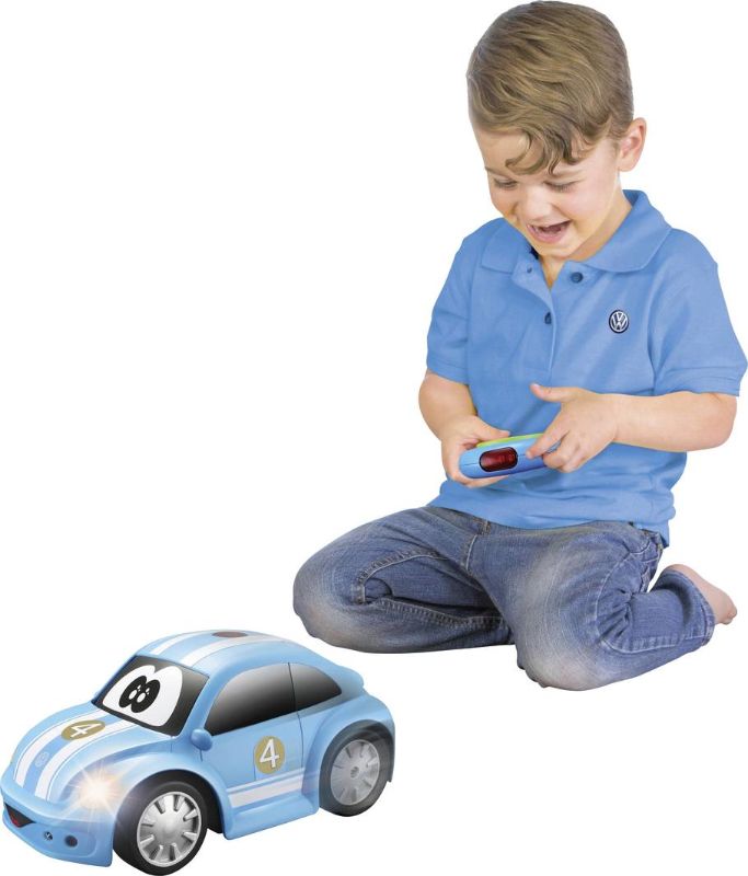 BB Junior Volkswagen Easy Play RC Car in blue with stripes, designed for toddlers, featuring bump-proof technology and obstacle detection.