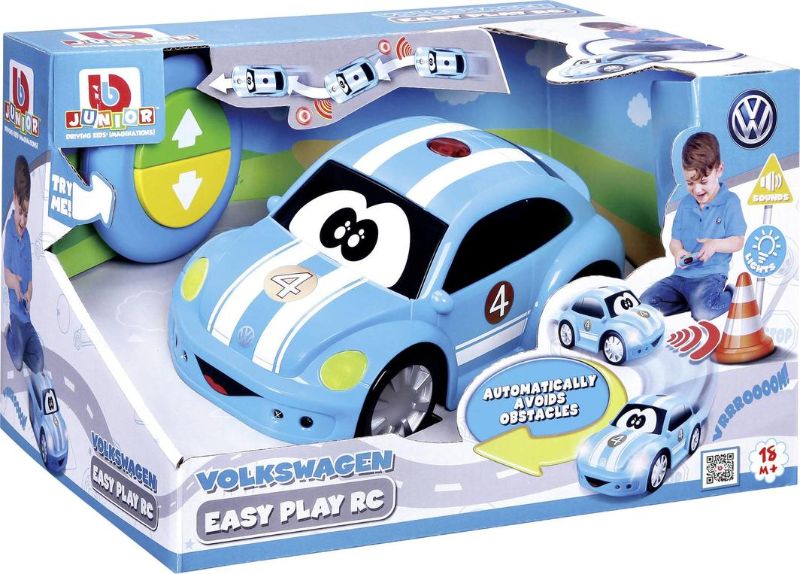 BB Junior Volkswagen Easy Play RC Car in blue with stripes, designed for toddlers with bump-proof technology and simple controls.