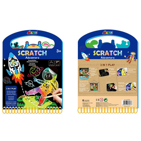 Avenir Scratch Book Adventure kit with stickers, scratch boards, coloring pages, and wooden stylus for kids aged 3+.