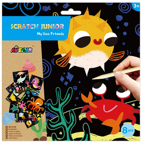 Avenir Scratch Art Kit featuring vibrant sea friends for kids to create colorful designs with a scratch tool.