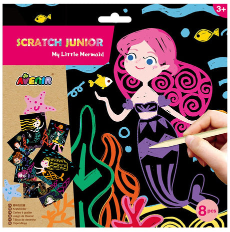 Scratch art kit featuring My Little Mermaid with 8 designs for kids to create vibrant underwater scenes.