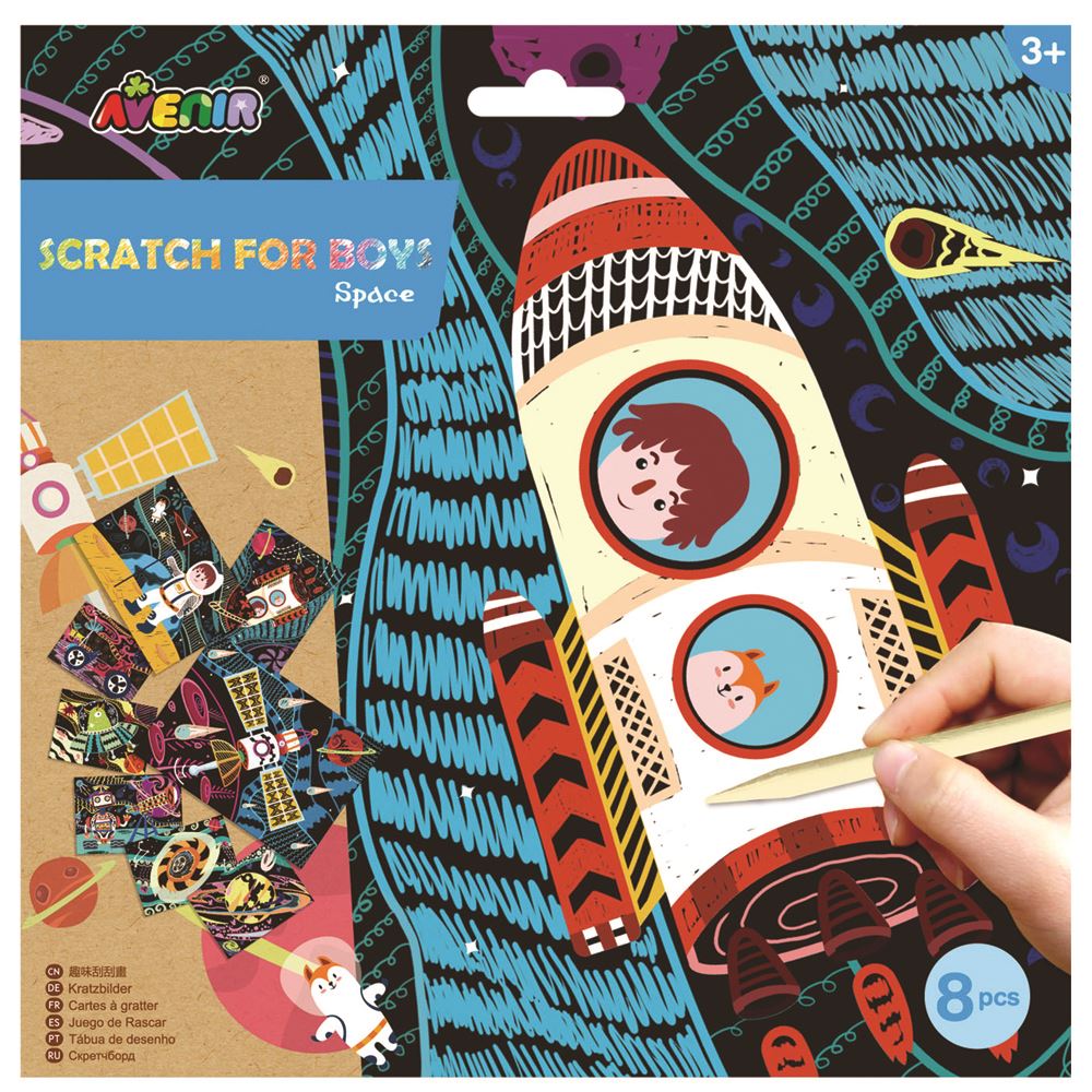 Avenir Scratch Art Kit featuring 8 vibrant 23cm art sheets for kids to create colorful cosmic designs.