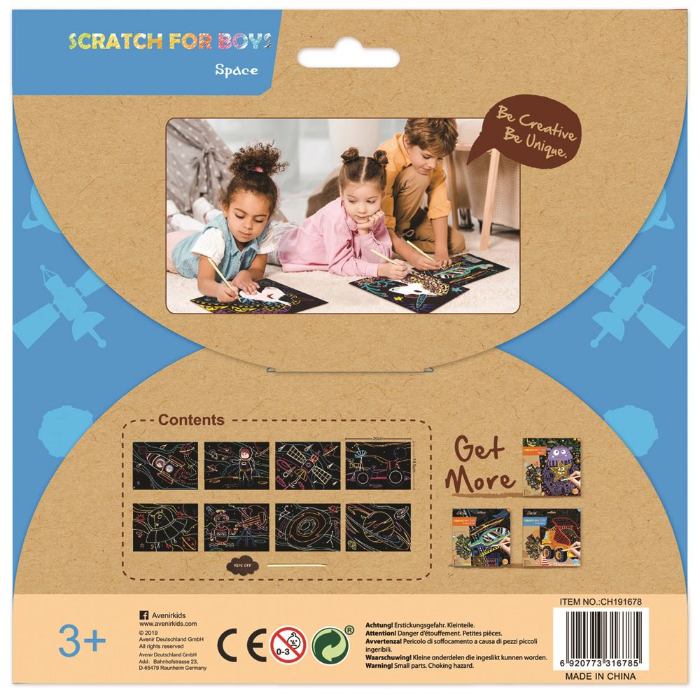 Avenir Scratch Art Kit featuring 8 vibrant scratch sheets for kids to create colorful cosmic designs using a wooden pen.