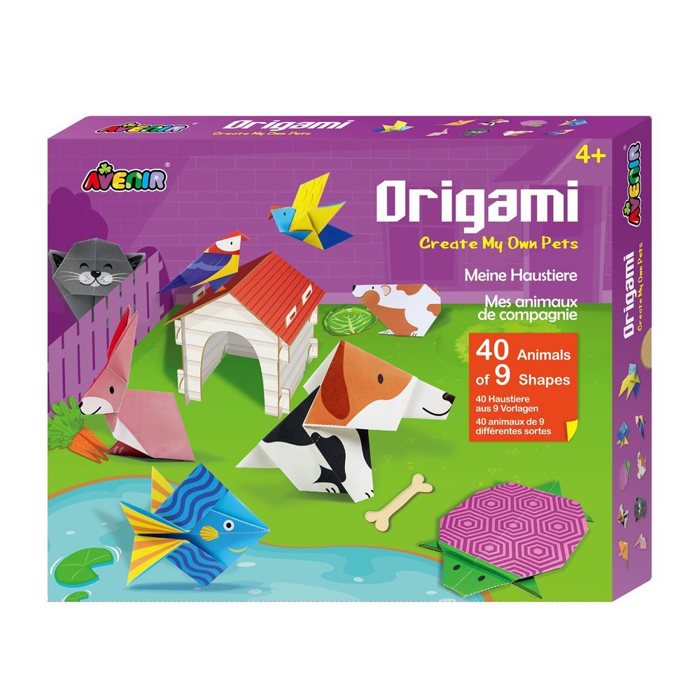 Avenir Origami Kit for kids, including 40 colorful sheets, cardboard pieces, poster mat, and easy instructions to create pet origami.
