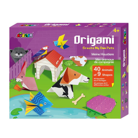 Avenir Origami Kit for kids, including 40 colorful sheets, cardboard pieces, poster mat, and easy instructions to create pet origami.