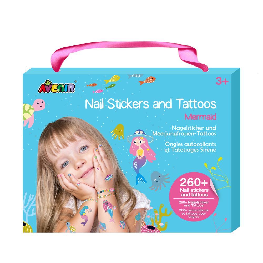 Colorful mermaid-themed nail stickers and temporary tattoos for kids, featuring over 260 vibrant designs for creative self-expression.