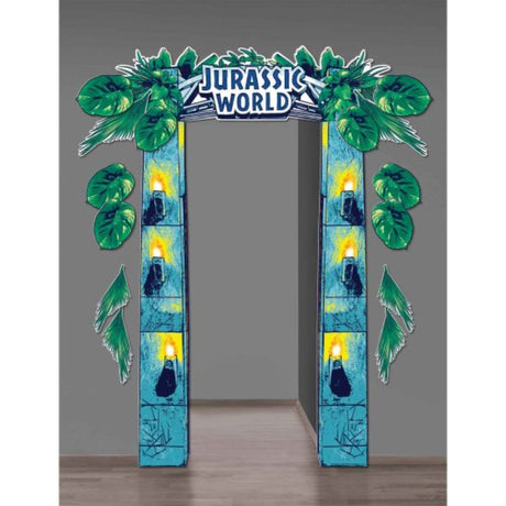 Vibrant cardboard doorway decoration featuring dinosaurs and foliage for dinosaur-themed parties, measuring 126cm x 190cm.