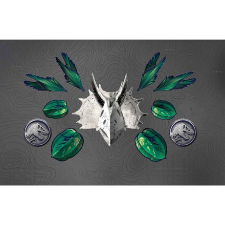 3D wall decor kit featuring a giant dinosaur skull, colorful medallions, and vibrant leafy accents for kids' rooms.