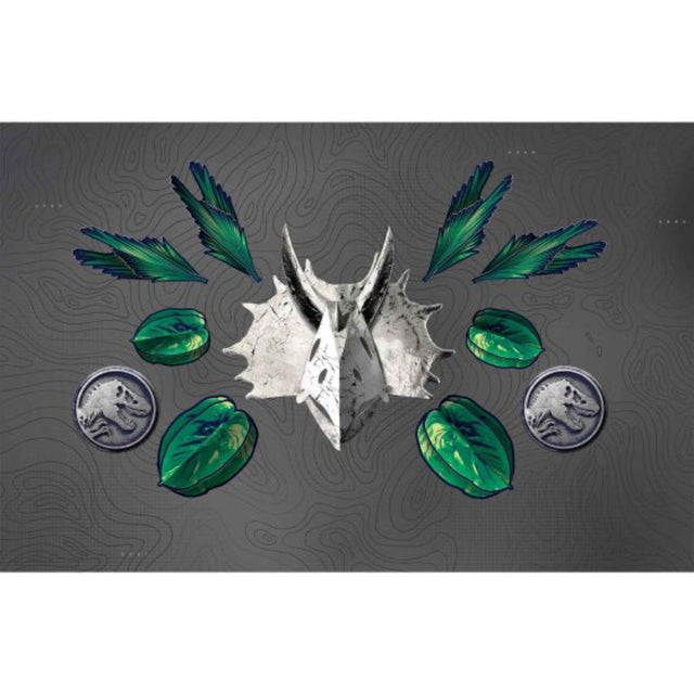 3D wall decor kit featuring a giant dinosaur skull, colorful medallions, and vibrant leafy accents for kids' rooms.