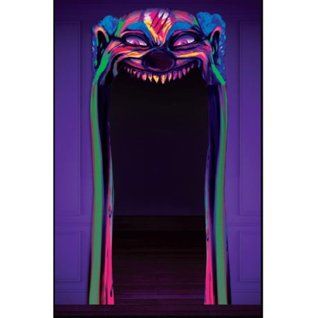 Creepy Carnival doorway decoration, black light reactive, 107cm x 221cm, perfect for Halloween and spooky events.