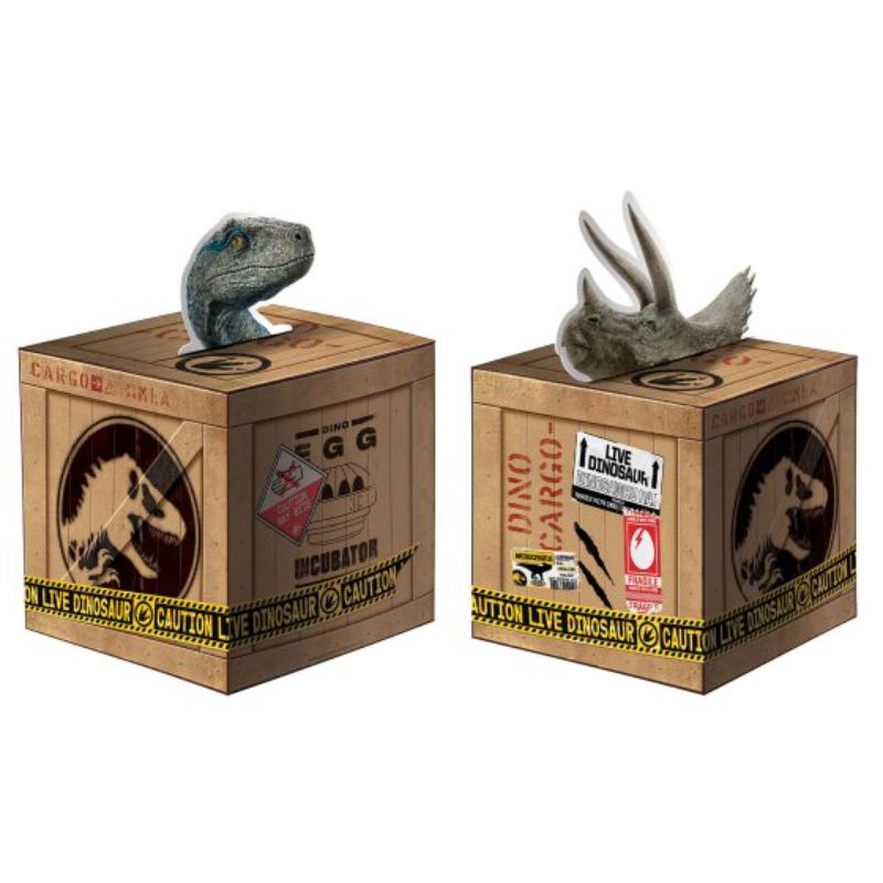 Dinosaur-themed centerpiece kit with two vibrant cardboard dino heads for fun party decor and memorable table settings.