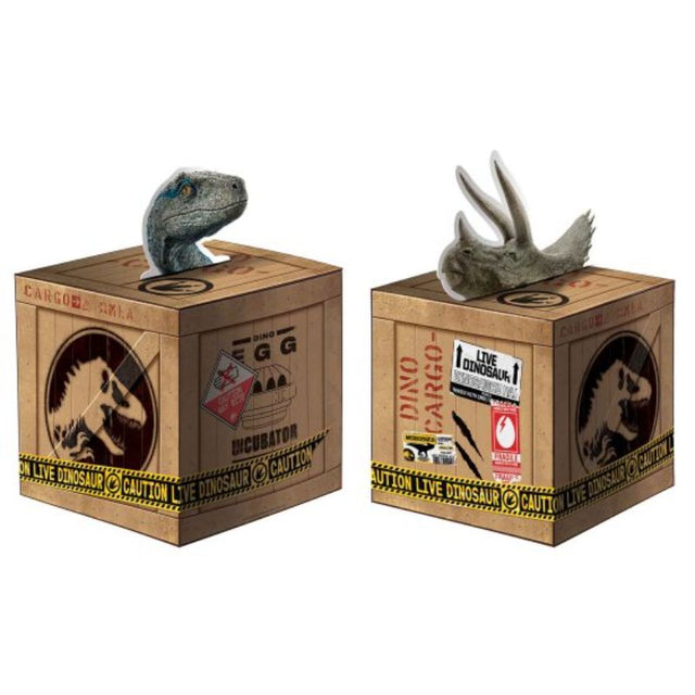 Dinosaur-themed centerpiece kit with two vibrant cardboard dino heads for fun party decor and memorable table settings.