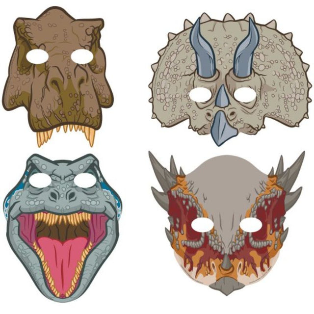Set of 8 colorful dinosaur paper masks for themed parties, featuring elastic bands for comfortable wear.