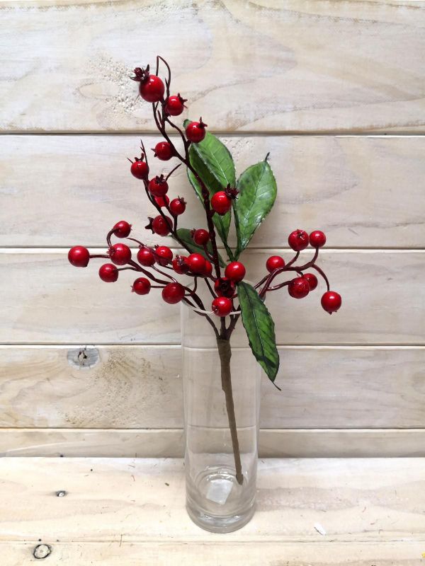 Artificial Berry Spray - Rose Hip Berry Spray with Leaves