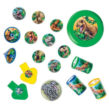 A dinosaur-themed party favor pack containing mini tops, flying discs, puzzles, stickers, whistles, and prism viewers.
