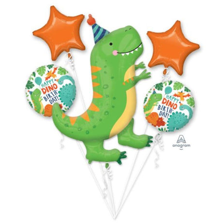 Set of 5 dinosaur-themed foil balloons for a vibrant birthday party celebration.