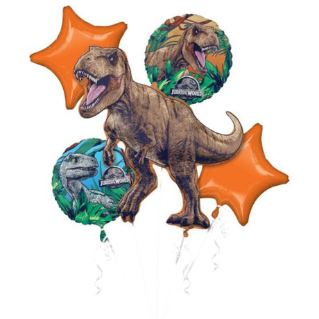 Vibrant Jurassic World balloon bouquet with 1 dinosaur shape and 4 standard balloons, perfect for themed celebrations.