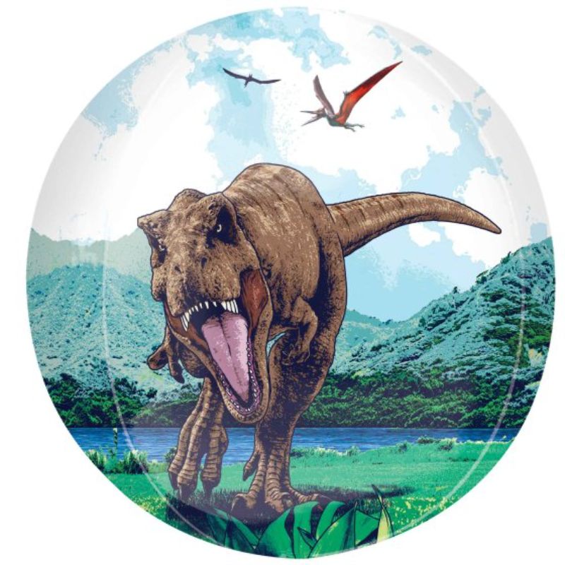 Orbz XL Jurassic World Dominion foil balloon featuring vibrant dinosaur designs, perfect for Jurassic-themed celebrations.