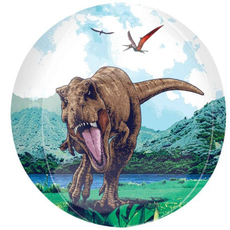 Orbz XL Jurassic World Dominion foil balloon featuring vibrant dinosaur designs, perfect for Jurassic-themed celebrations.