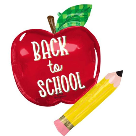 SuperShape XL foil balloon shaped like an apple and pencil, measuring 66cm x 78cm, perfect for back-to-school celebrations.