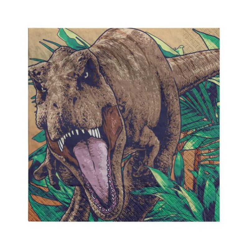 Vibrant dinosaur-themed napkins, perfect for parties and picnics, featuring stunning Jurassic illustrations.