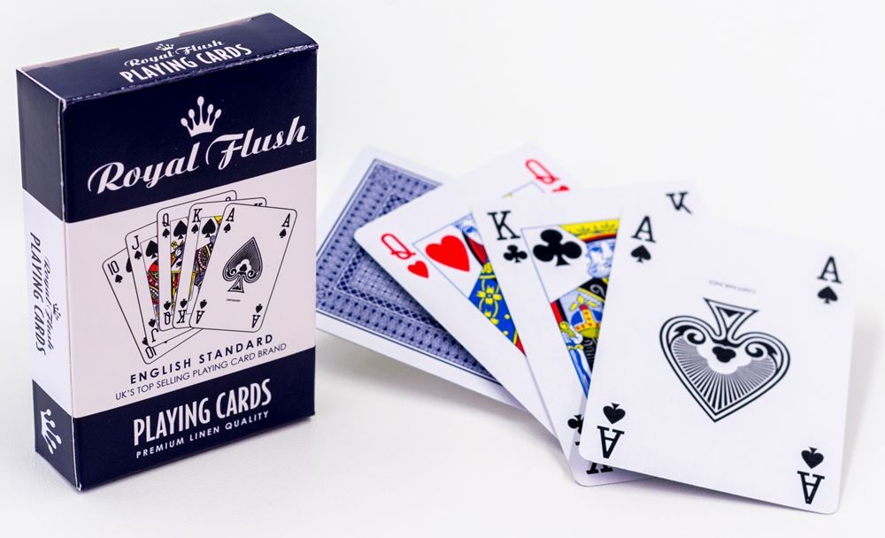 Premium Royal Flush Playing Cards set in mixed blue and red packaging, perfect for family game nights and card enthusiasts.