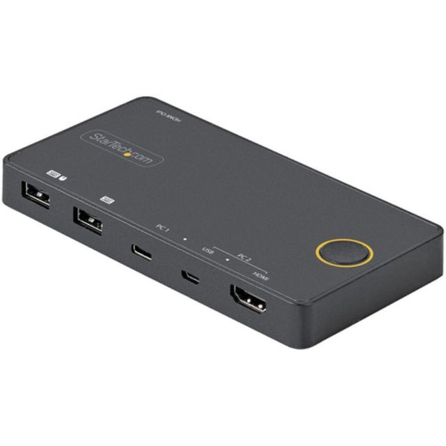 StarTech SV221HUC4K KVM switchbox controlling 2 computers, featuring 4K UHD resolution and versatile USB-C/A connectivity.