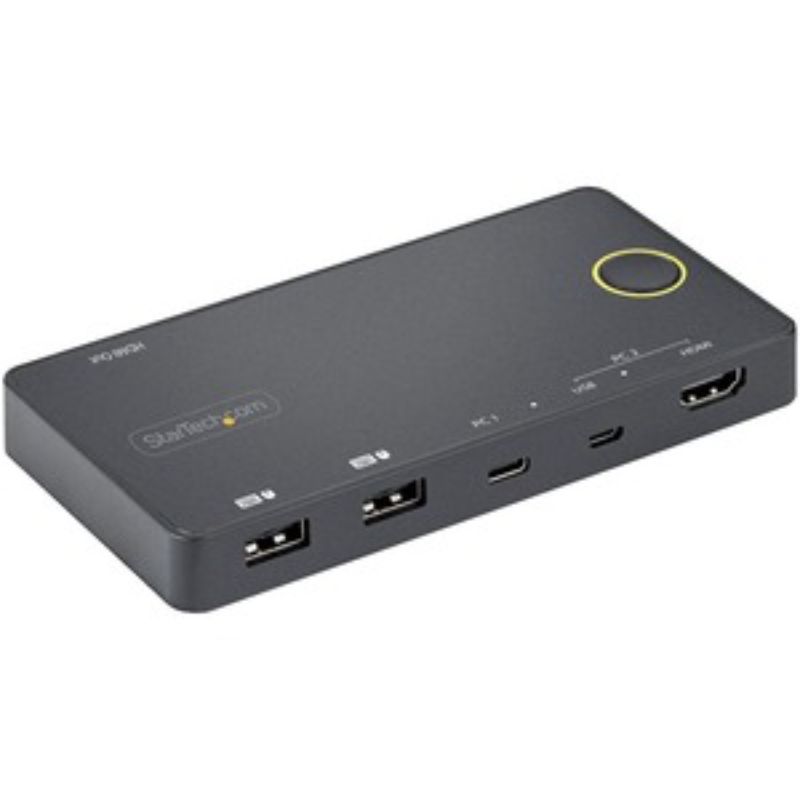StarTech SV221HUC4K KVM switchbox for 2 computers, 4K UHD resolution, USB-C and USB-A compatibility, space-saving design.