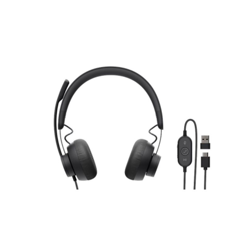 Logitech ZONE Wired UC Headset with noise-canceling mic for clear calls, USB-C and USB-A compatibility, and cushioned comfort.