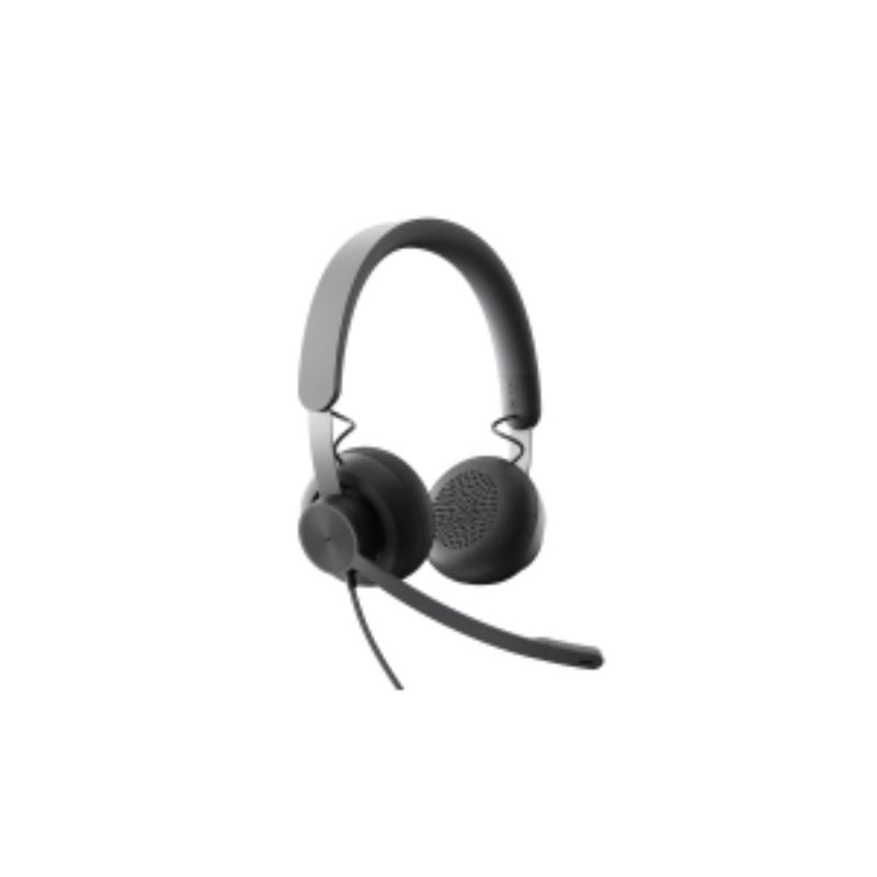 Logitech ZONE Wired UC Headset with noise-canceling mic, USB connectivity, and cushioned ear pads for clear calls.