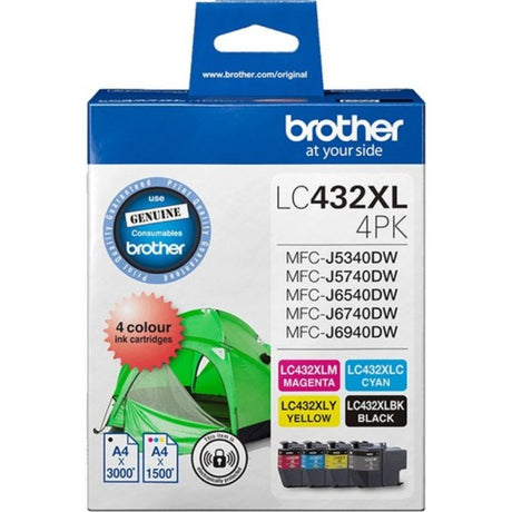 Brother LC432XL4PKS ink cartridge set, includes black, cyan, magenta, yellow, designed for high-quality printing and longevity.