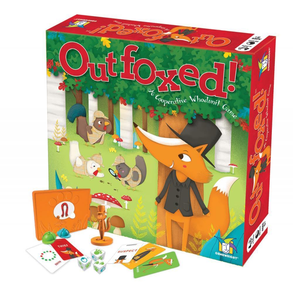 Cooperative board game Outfoxed! where players gather clues to catch a crafty fox and solve the mystery of the missing pie.