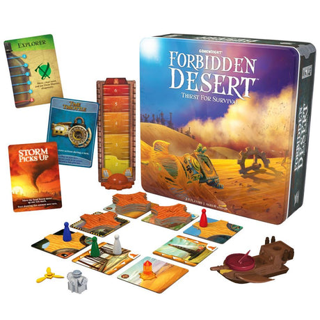 Exciting Forbidden Desert Card Game promoting teamwork and strategy to uncover a legendary flying machine in a perilous desert.