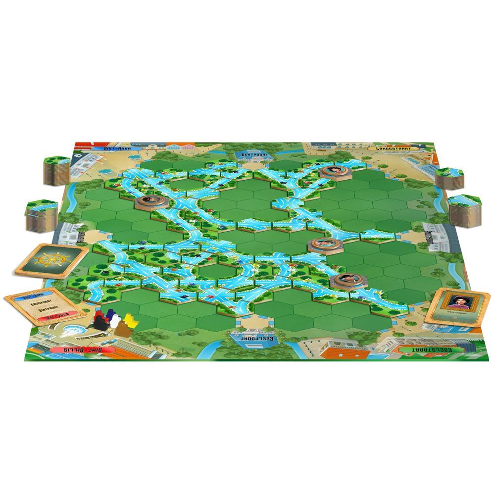 Canal King board game showcasing colorful canal markers and strategic gameplay set in the enchanting Bruges landscape.