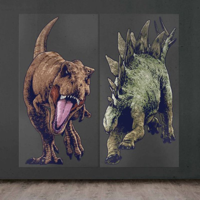 Dinosaur-themed backdrop set featuring lush jungles and vibrant colors, perfect for parties and events.