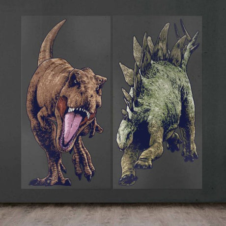 Dinosaur-themed backdrop set featuring lush jungles and vibrant colors, perfect for parties and events.