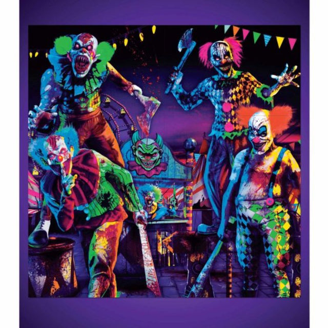 Set of 6 black light reactive creepy carnival backdrops for Halloween parties, showcasing vibrant, eerie designs.