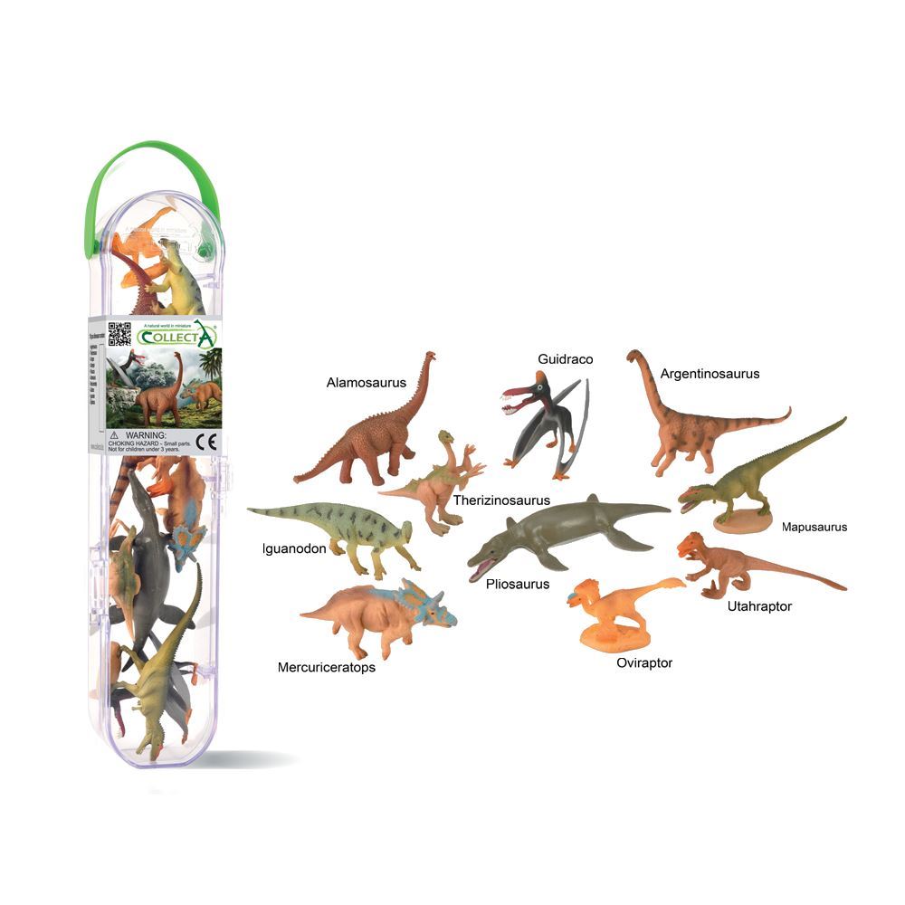 Tube containing 10 detailed mini dinosaurs, perfect for creative play and imaginative adventures for kids aged 3+.