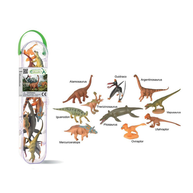 Tube containing 10 detailed mini dinosaurs, perfect for creative play and imaginative adventures for kids aged 3+.