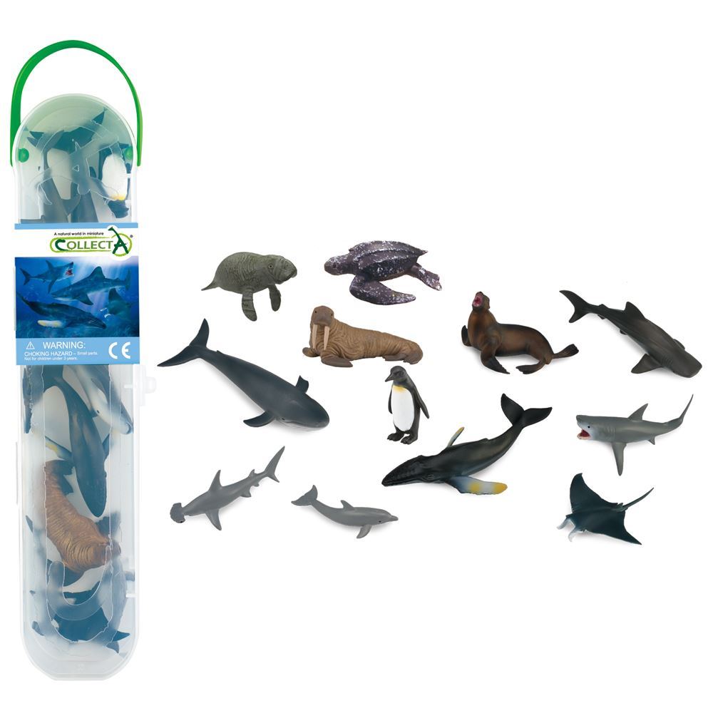 Colorful mini sea animal figurines in a carry tube, perfect for imaginative play for ages 3 and up.