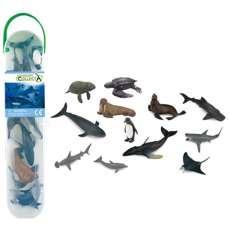 Colorful mini sea animal figurines in a carry tube, perfect for imaginative play for ages 3 and up.