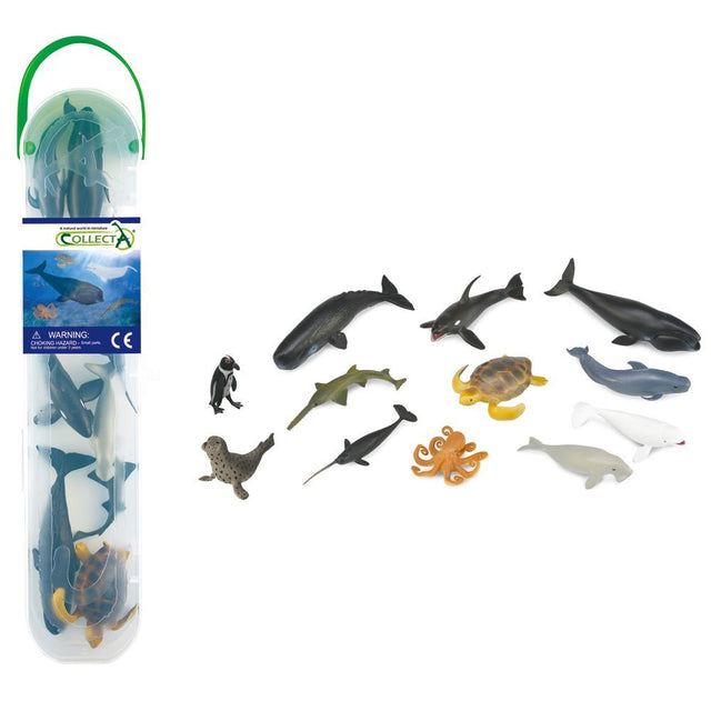 12 mini sea animal figures in a portable tube, perfect for imaginative play and marine education for kids aged 3+.
